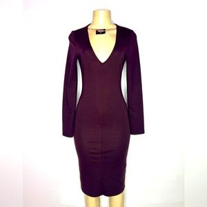 ZARA WINE DEEP V LONG SLEEVE PONTE’ KNIT BODYCON DRESS SIZE MED